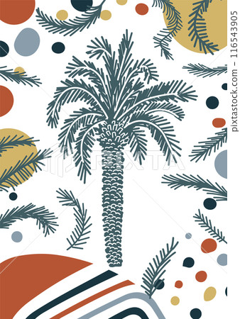 Lovely Hand Drawn Tropical Landscape vector Ilustration with Brown-White Palm Tree on a Light Brown Background.Single Sketched Palm Tree Print ideal for Wall Art, Card, Poster.Exoctic Vacation Design. 116543905