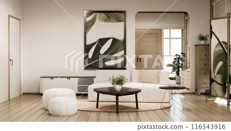 Cabinet shelves on wall design room with decoration and sofa. 116543916