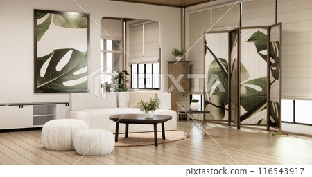 Cabinet shelves on wall design room with decoration and sofa. Cabinet shelves on wall design room with decoration and sofa. 116543917