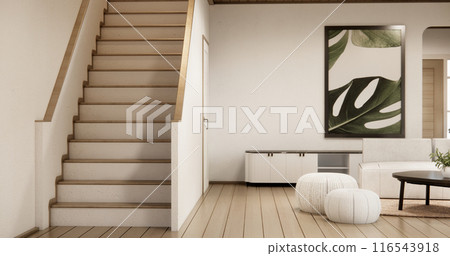 Stairs wooden in modern room with white wall with wood wall design. Stairs wooden in modern room with white wall with wood wall design. 116543918
