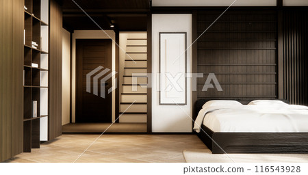 Stairs wooden in modern room with white wall with wood wall design. 116543928