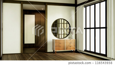 Cabinet and wall shelves on empty room with decoration ,lamp, plants, carpet, sofa. Cabinet and wall shelves on empty room with decoration ,lamp, plants, carpet, sofa. 116543938