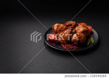 Delicious baked chicken or turkey shish kebab on a skewer 116544264