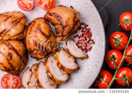 Delicious baked chicken or turkey shish kebab on a skewer 116544280