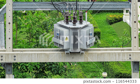 AC high-voltage power transformer, Electrical Transformer and High voltage power lines. AC high-voltage power transformer, Electrical Transformer and High voltage power lines. 116544333