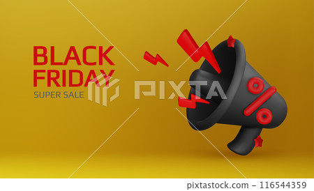 Holiday Black Friday Sale. Realistic 3d objects, percent sign, megaphone loudspeaker, lightning. vector illustration Holiday Black Friday Sale. Realistic 3d objects, percent sign, megaphone loudspeaker, lightning. vector illustration 116544359