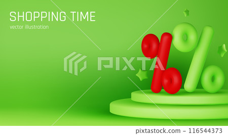 Sale background. 3D green podium. Product exhibition. Discount percent. Shopping offer. Shop promotion. Glowing showcase. Vector banner design 116544373