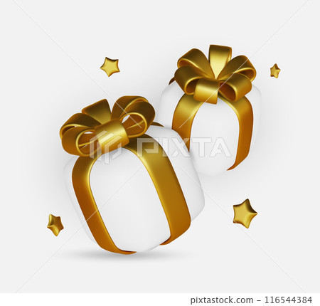 Gift boxes isolated on white. 3d white gift boxes with golden ribbon and bow. Birthday celebration concept. Vector illustration. Gift boxes isolated on white. 3d white gift boxes with golden ribbon and bow. Birthday celebration concept. Vector illustration. 116544384