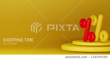 Sale background. 3D yellow podium. Product exhibition. Discount percent. Shopping offer. Shop promotion. Glowing showcase. Vector banner design 116544389