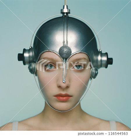 Futuristic Woman Wearing a Silver Sci-Fi Helmet 116544563