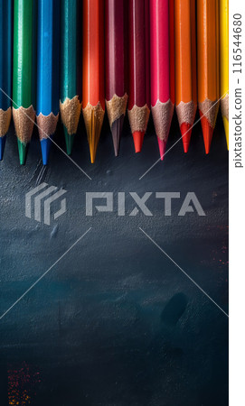 Vibrant Colored Pencils on Chalkboard Background 116544680