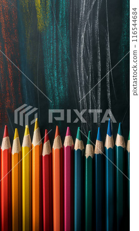 Vibrant Colored Pencils on Chalkboard Background 116544684