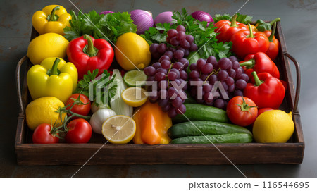 High-Resolution Photo of a Wooden Tray with Produce 116544695