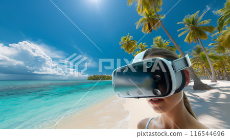 Person Experiencing Virtual Reality on a Tropical Beach 116544696