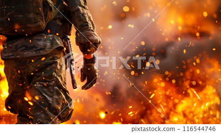 Dramatic Soldier Walking Through Fire 116544746