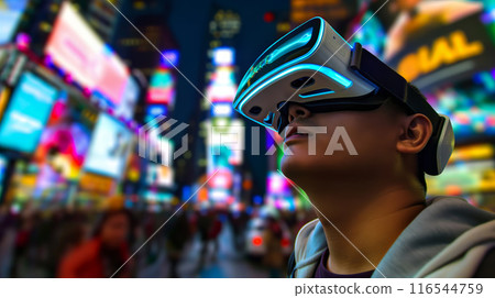 Man Experiencing Virtual Reality in a Cityscape Man Experiencing Virtual Reality in a Cityscape 116544759