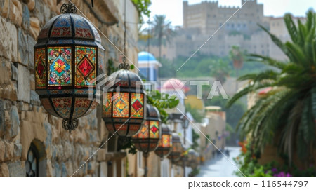 ethnic lamps hanging from the roof of the old city in the style of Arabic architecture 116544797