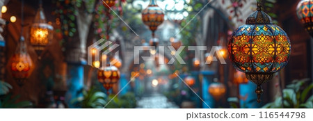 ethnic lamps hanging from the roof of the old city in the style of Arabic architecture 116544798
