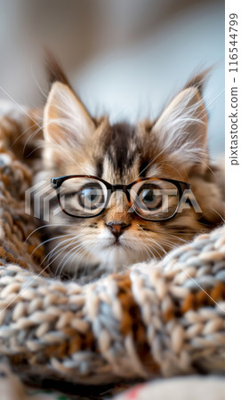 Cute Kitten Wearing Glasses on Cozy Blanket 116544799