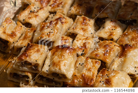 Turkish burek, tray borek, traditional meat pastries, greek cheese pie or tray burek Turkish burek, tray borek, traditional meat pastries, greek cheese pie or tray burek 116544898