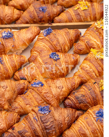 Many Croissant at Street Market, Fresh Puff Pastry Pies, Sweet Kipferls, Buttery Viennoiseries Many Croissant at Street Market, Fresh Puff Pastry Pies, Sweet Kipferls, Buttery Viennoiseries 116544922