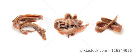 Canned anchovy fillet, marinated fish, traditional salted anchovy in oil on white Canned anchovy fillet, marinated fish, traditional salted anchovy in oil on white 116544956