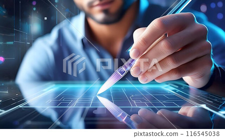 Man in Blue Shirt Holding Pen 116545038