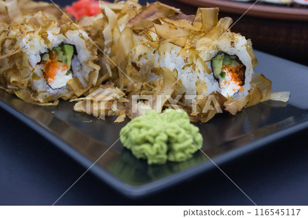 Sushi Roll with Bonito Flakes and Wasabi Detail Sushi Roll with Bonito Flakes and Wasabi Detail 116545117
