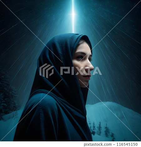 Contemplative Woman in Hooded Cloak Under Radiant Cross in Snowy Landscape 116545150