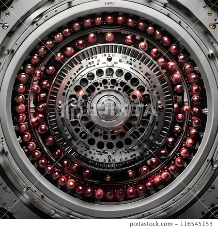 Futuristic Mechanical Structure with Glowing Red Spheres and Concentric Circles 116545153