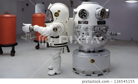 Vintage Space Suit and Mechanical Device in Industrial Setting 116545155