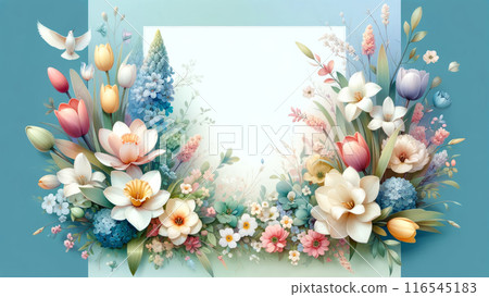A lush, floral banner showcasing a variety of spring blooms with a tranquil background, perfect for a spring-themed layout. Space for Text A lush, floral banner showcasing a variety of spring blooms with a tranquil background, perfect for a spring-themed layout. Space for Text 116545183