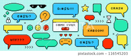 Pixel dialogue boxes, speech bubbles, buttons, message frames and retro game icons 116545203