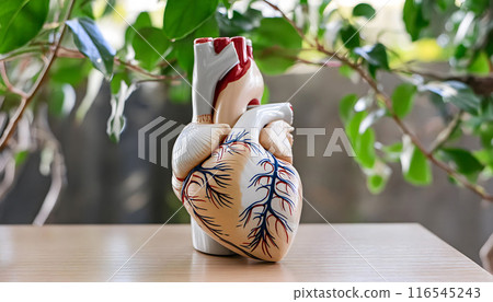 Human Heart Model Surrounded by Green Plants on Table 116545243