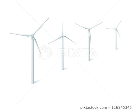 Wind turbines windmills energy power generators. White towers with long vanes for producing alternative eco energy. Vector Wind turbines windmills energy power generators. White towers with long vanes for producing alternative eco energy. Vector 116545345