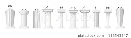 Podium tribune with microphones isolated on transparent background. Design rostrum stands. Abstract concept graphic element for business presentation, conference. Vector Podium tribune with microphones isolated on transparent background. Design rostrum stands. Abstract concept graphic element for business presentation, conference. Vector 116545347