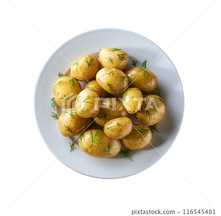 boiled new potatoes with fresh dill in a white plate isolated on a white background. Top view. 116545481