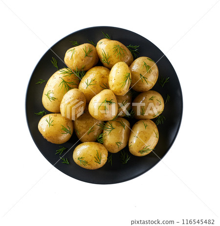 boiled new potatoes with fresh dill in a black plate isolated on a white background. Top view. boiled new potatoes with fresh dill in a black plate isolated on a white background. Top view. 116545482