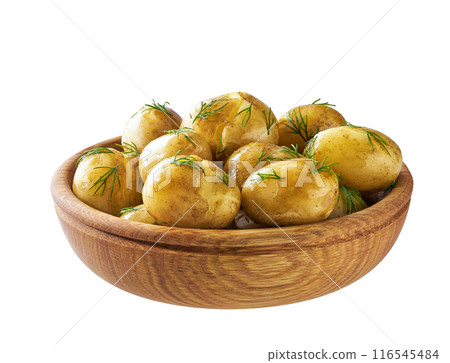 boiled new potatoes with fresh dill in a wooden bowl isolated on a white background. boiled new potatoes with fresh dill in a wooden bowl isolated on a white background. 116545484