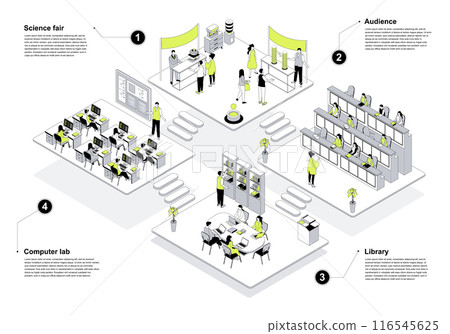 University 3d isometric concept in outline design for web. People learning in isometry audience rooms, students studying in computer lab and library, working at science fair. Vector illustration. University 3d isometric concept in outline design for web. People learning in isometry audience rooms, students studying in computer lab and library, working at science fair. Vector illustration. 116545625