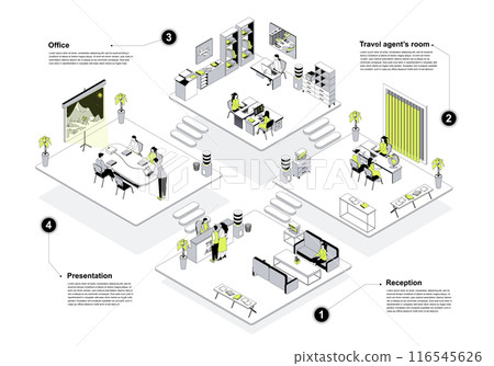 Travel agency 3d isometric concept in outline design for web. People working in isometry rooms at reception hall, travelling agents selecting resort tours for clients in office. Vector illustration. 116545626