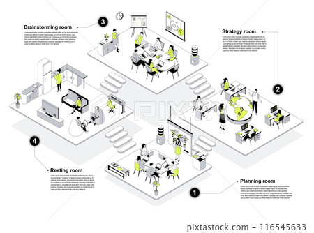 Outsourcing company 3d isometric concept in outline design for web. People working in isometry rooms in office with planning, strategy, brainstorming departments, resting area. Vector illustration. Outsourcing company 3d isometric concept in outline design for web. People working in isometry rooms in office with planning, strategy, brainstorming departments, resting area. Vector illustration. 116545633