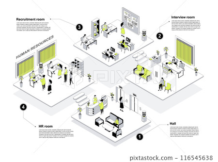 HR agency 3d isometric concept in outline design for web. People in isometry rooms waiting at reception hall, managers works at office, recruitment and job interview department. Vector illustration. 116545638