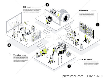 Hospital 3d isometric concept in outline design for web. People in isometry rooms waiting in clinic reception, doctors work at operating, MRI cabinet or laboratory department. Vector illustration. Hospital 3d isometric concept in outline design for web. People in isometry rooms waiting in clinic reception, doctors work at operating, MRI cabinet or laboratory department. Vector illustration. 116545640
