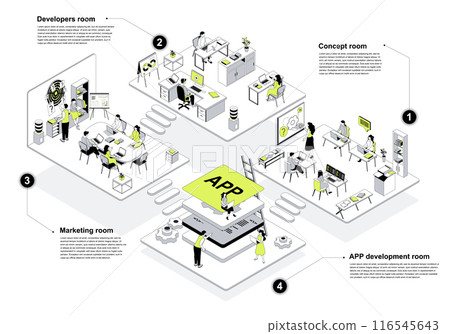 Development company 3d isometric concept in outline design for web. People working in isometry rooms work at brainstorming, programming and marketing departments at agency office. Vector illustration. Development company 3d isometric concept in outline design for web. People working in isometry rooms work at brainstorming, programming and marketing departments at agency office. Vector illustration. 116545643
