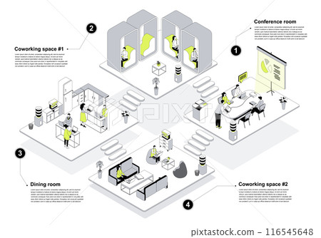 Coworking space 3d isometric concept in outline design for web. People working in isometry rooms office with conference halls, workflow in departments and resting in dining room. Vector illustration. Coworking space 3d isometric concept in outline design for web. People working in isometry rooms office with conference halls, workflow in departments and resting in dining room. Vector illustration. 116545648