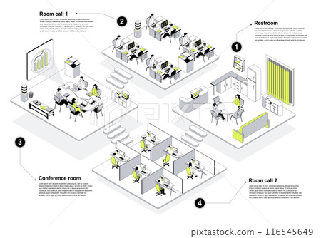 Call center 3d isometric concept in outline design for web. People working in isometry rooms as technical support operators in office with work areas and rest rooms interiors. Vector illustration. 116545649