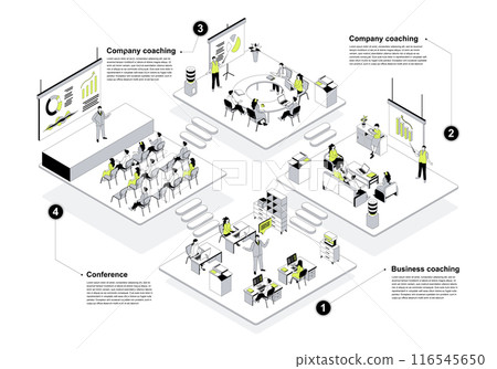 Business training 3d isometric concept in outline design for web. People learning in isometry rooms at company coaching, conference meeting hall, teacher presentation class. Vector illustration. Business training 3d isometric concept in outline design for web. People learning in isometry rooms at company coaching, conference meeting hall, teacher presentation class. Vector illustration. 116545650