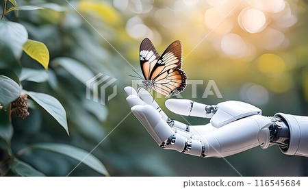 Robotic Hand Holding Butterfly in Front of Tree 116545684