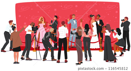Glamorous Red Carpet Event Featuring Celebrities Posing For Photographers And Reporters, Cartoon Vector Scene 116545812